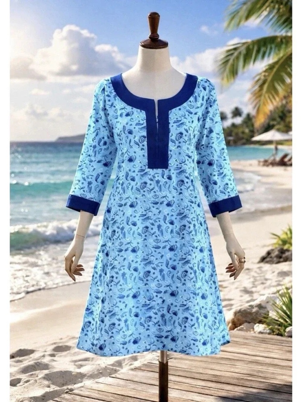 Cabana Life Tunic Dress Women's Size XL Blue Paisley UPF 50 3/4 Sleeves